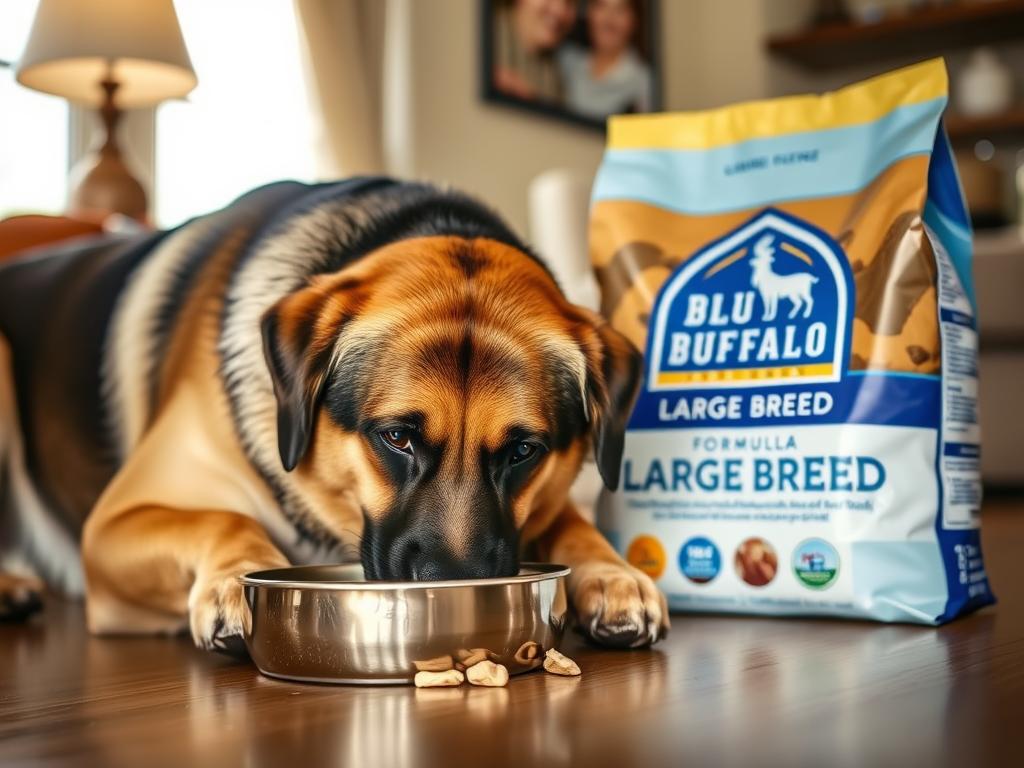 Large breed dog eating Blue Buffalo Large Breed formula from a bowl