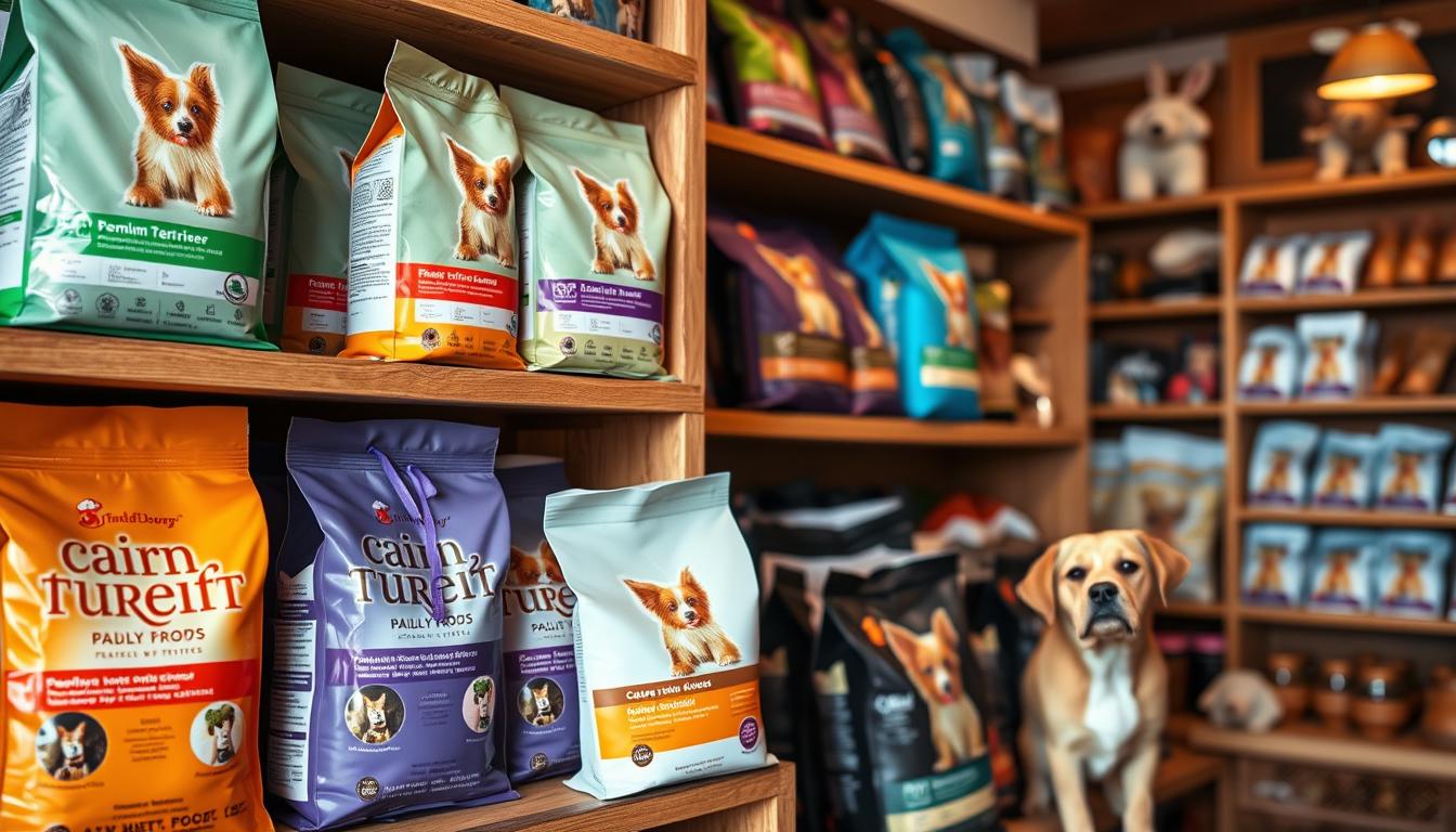 A well-stocked display of premium dog food bags in a warm, inviting pet store setting. Varied flavors and formulas for cairn terriers, arranged neatly on wooden shelves under soft, diffused lighting. Close-up shots showcase the high-quality ingredients and nutritional information, while wider views capture the store's cozy, welcoming atmosphere. The overall impression is one of quality, care, and a deep understanding of the unique dietary needs of this beloved breed.