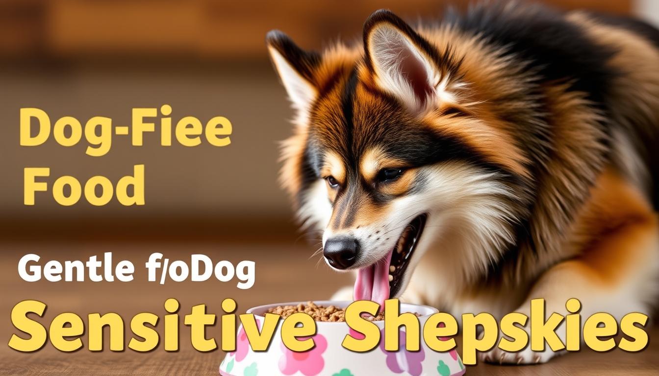 Image of a Shepsky eating from a bowl with a caption "Gentle dog food for sensitive Shepskies"