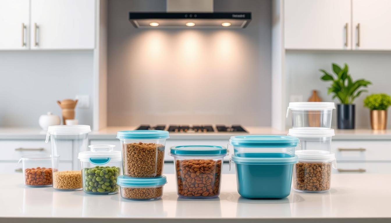 A sleek, modern kitchen counter with a variety of BPA-free pet food containers in the foreground. The containers are various shapes and sizes, made of high-quality, transparent materials that showcase the contents. In the middle ground, a well-lit display showcases the containers' features, such as airtight seals, easy-pour lids, and durable construction. The background features a minimalist, light-colored wall, creating a clean, uncluttered environment that highlights the containers' design and functionality. The lighting is soft and diffused, accentuating the containers' clarity and the overall sense of quality and care for the pet's dietary needs.