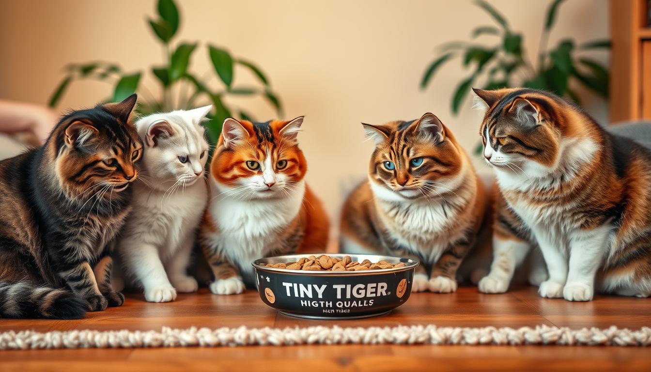 A cozy home setting with a wooden table, adorned with a plush rug and a lush plant. In the foreground, four cats of different breeds and colors sit around a bowl of high-quality cat food, examining it intently. The cats' expressions convey a sense of curiosity and delight, as if they are reviewing the food. The lighting is warm and inviting, creating a soft, natural ambiance. The background is slightly blurred, allowing the cats and the food to be the focal point of the image. The overall scene captures the real-life experiences of cat owners with the Tiny Tiger brand, showcasing the pets' enthusiasm for the nutritious and delectable meal.