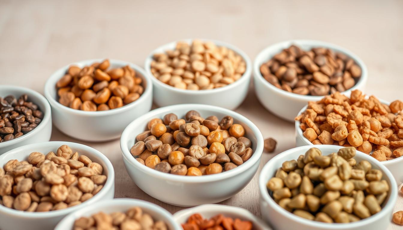 A close-up shot of several different types of cat food in bowls, arranged in a visually appealing composition. The cat food should appear fresh, high-quality, and well-preserved, with details like texture, color, and packaging clearly visible. Set against a soft, neutral background that allows the cat food to be the focal point. Bright, even lighting should be used to highlight the various freshness factors, such as moisture content, nutrient density, and lack of spoilage. The overall mood should convey a sense of health, nourishment, and care for the feline companion.