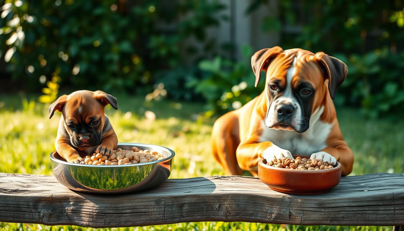 A peaceful backyard scene, with a curious puppy nestled in a bowl of kibble, transitioning to a mature Boxer dog contentedly snacking on a bowl of high-quality adult dog food. Soft, natural lighting filters through lush greenery, casting gentle shadows across the scene. The puppy's playful energy contrasts with the adult dog's calm, satisfied demeanor, reflecting the progression from growing pup to healthy, active companion. The bowls are positioned on a weathered wooden plank, evoking a sense of rustic comfort. The overall atmosphere is one of warmth, nourishment, and the natural evolution of a beloved canine's dietary needs.