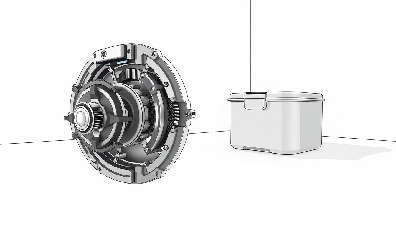 Detailed mechanical illustration of an auto-locking mechanism for secure pet food storage. Foreground depicts the locking mechanism, with intricate gears, springs, and latches in precise detail. Middle ground shows the storage container itself, a sleek, streamlined design with smooth surfaces and clean lines. Background features a simple, high-contrast environment, allowing the mechanism to take center stage. Lighting is crisp and directional, casting sharp shadows to highlight the technical complexity. The overall mood is one of functional sophistication, reflecting the secure and reliable nature of the system.