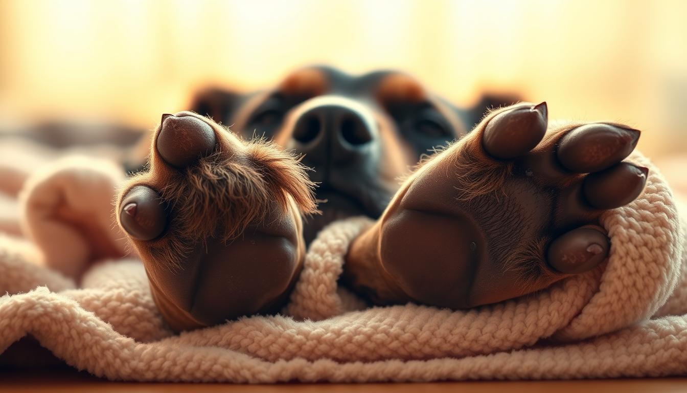A dog's paws resting on a soft, fluffy towel, freshly cleaned after a rainy walk. The paws are gently dabbed with the towel, removing any mud or debris. Warm, diffused lighting illuminates the scene, creating a cozy, comforting atmosphere. The dog's expression is one of relief and contentment, as it relaxes and enjoys the pampering. The background is blurred, allowing the focus to remain on the dog's paws and the act of post-walk paw cleaning.