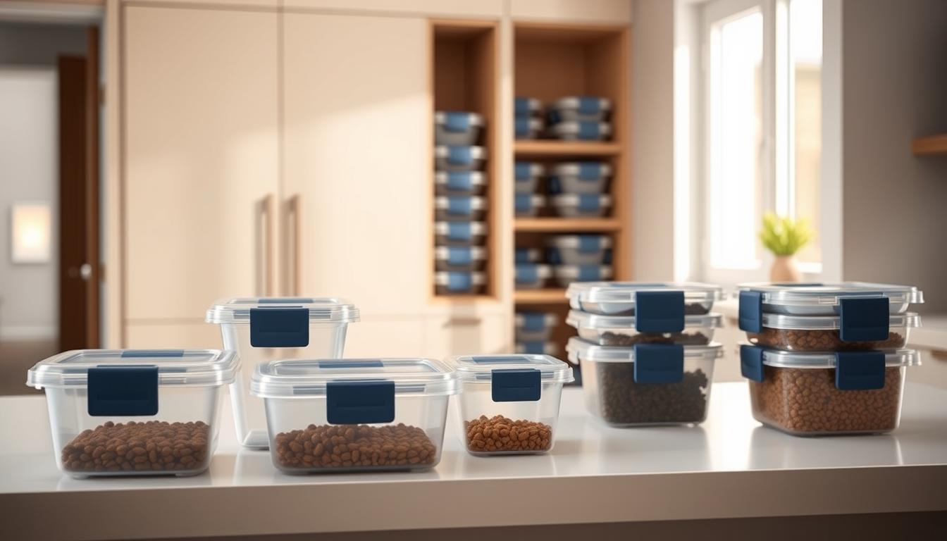 A well-lit, high-resolution photograph showcasing a set of secure pet food containers. In the foreground, several airtight, BPA-free plastic containers with secure locking lids are arranged neatly on a clean, minimalist kitchen counter. The containers are a variety of sizes, suitable for storing both dry and wet pet food. The middle ground features a sleek, modern-style cabinet, its doors slightly ajar to reveal additional containers stacked inside. The background subtly blurs, drawing the viewer's attention to the foreground storage solutions. Warm, natural lighting from a nearby window casts a soft glow, emphasizing the clean, organized, and secure nature of the pet food storage setup.