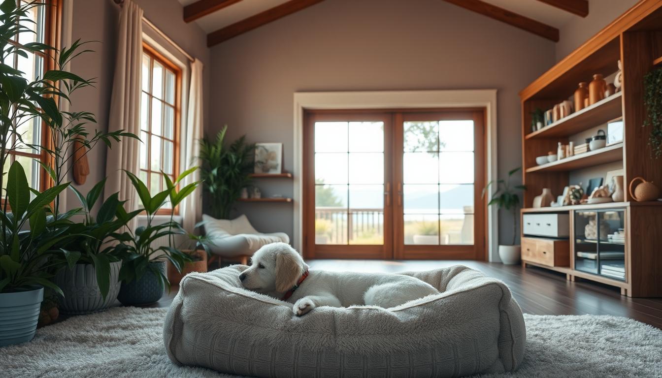 A serene pet sanctuary, illuminated by warm, soft lighting filtering through large windows. In the foreground, a cozy, plush dog bed beckons, with textured fabrics and gentle hues inviting a soothing rest. Lush, verdant plants surround the space, creating a tranquil, nature-inspired ambiance. Subtle, calming colors adorn the walls, complemented by natural wood accents. The middle ground reveals shelves displaying an array of thoughtfully curated toys and treats, while the background showcases a scenic view through expansive glass doors, hinting at a peaceful outdoor oasis beyond. An atmosphere of comfort, safety, and contentment permeates the scene, cultivating a sense of sanctuary for the beloved canine occupant.