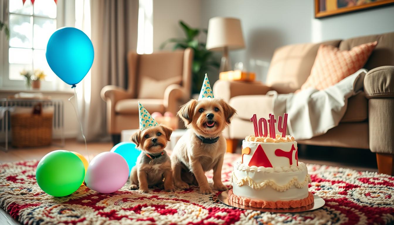 A cozy, dog-friendly living room setting with a cheerful, budget-friendly birthday celebration for a beloved canine companion. In the foreground, a small, wagging dog sits on a plush, colorful rug, surrounded by festive decorations - a few balloons, a homemade birthday hat, and a simple but delightful dog-themed cake. In the middle ground, an armchair and side table with a few wrapped gifts, reflecting a warm, inviting atmosphere. The background features natural lighting from a window, casting a soft, golden glow and highlighting the overall sense of joy and celebration on a modest budget.