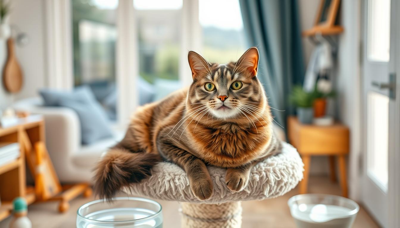 A serene, well-lit home interior with a cozy cat perched on a plush cat tower, surrounded by various cat care essentials like grooming tools, toys, and a bowl of fresh water. The cat's expression radiates contentment and healthy vitality, reflecting the benefits of a consistent, responsible cat care routine. The scene is captured from a slightly elevated angle, creating a sense of warmth and domestic tranquility. Soft, diffused lighting casts a gentle glow, highlighting the cat's sleek, well-groomed fur and the harmonious arrangement of the cat care items. The overall composition conveys the positive impact of a structured, attentive approach to feline well-being.