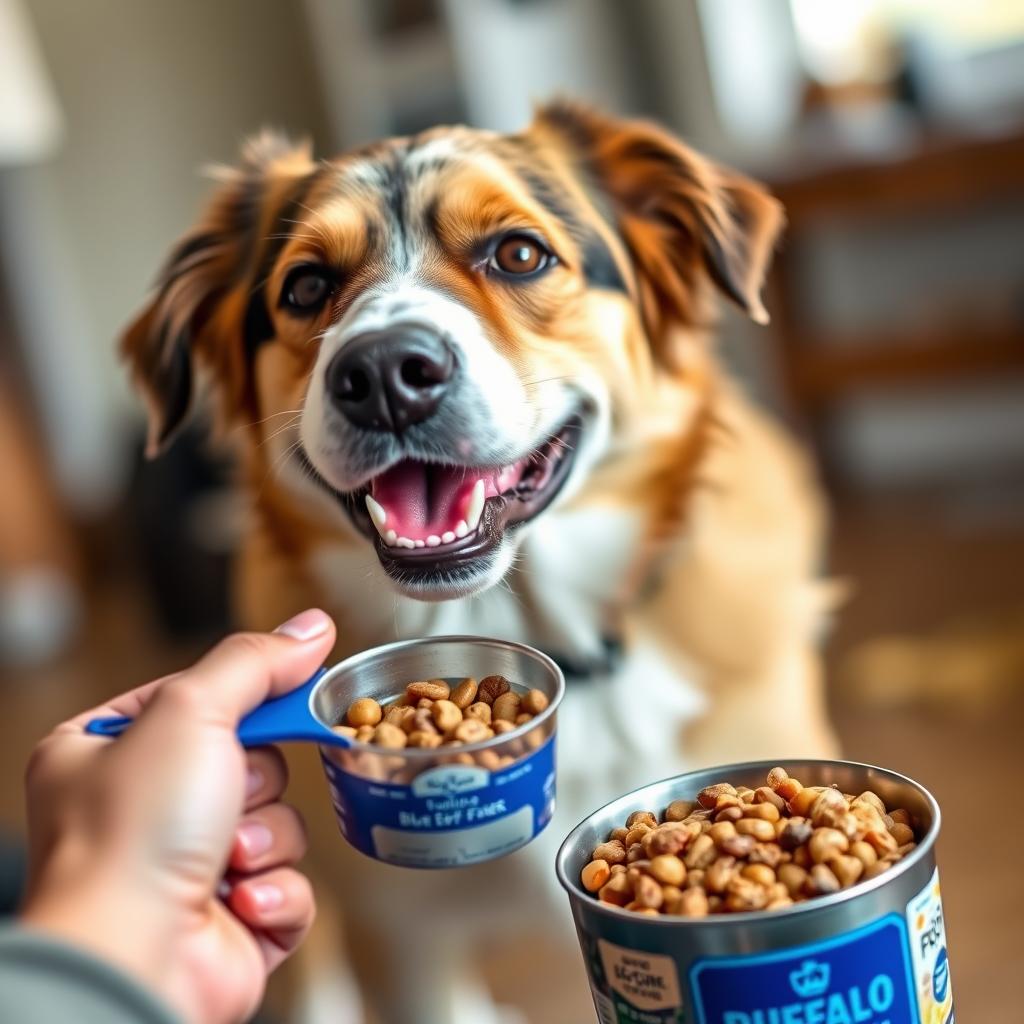 A healthy dog being fed Blue Buffalo dog food from a measuring cup