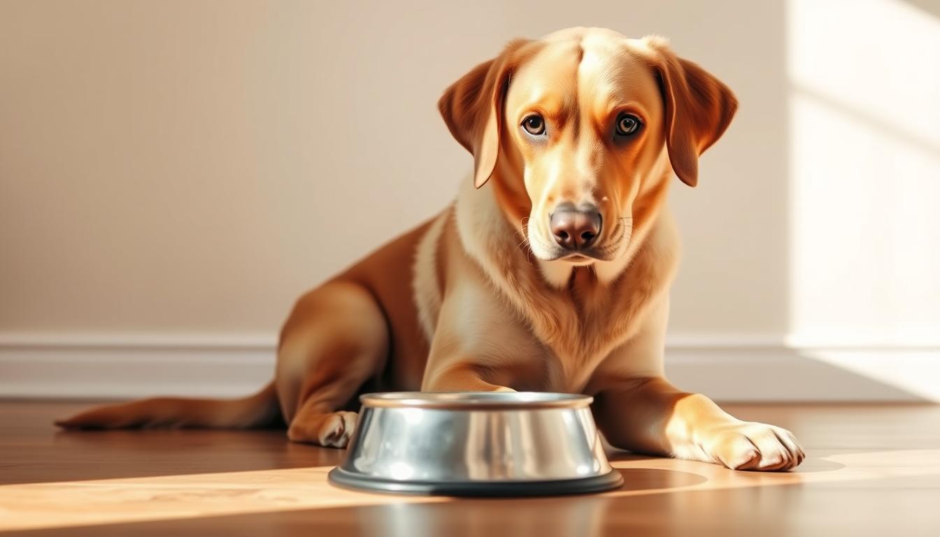 A Labrador dog sitting attentively, its eager eyes focused on a food bowl placed on a wooden floor. The dog's golden fur gleams under soft, natural lighting, creating a warm, inviting atmosphere. In the background, a simple, neutral-toned wall provides a clean, uncluttered backdrop, allowing the Labrador and its feeding schedule to be the central focus. The image captures the essence of a dedicated Labrador owner's daily routine, with the dog's feeding schedule conveying a sense of care and attention to the pup's nutritional needs.
