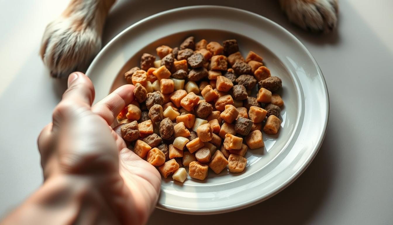 A well-lit, close-up photograph of a human hand holding a portion-controlled meal of healthy, balanced dog food. The food is neatly arranged on a clean, neutral-colored plate or bowl, with precise measurements and proportions visible. The lighting is soft and natural, creating a calming, inviting atmosphere. The angle is slightly elevated, giving a sense of care and attention to the food preparation. The image conveys the benefits of consistent, measured feeding for a dog's optimal nutrition and well-being.