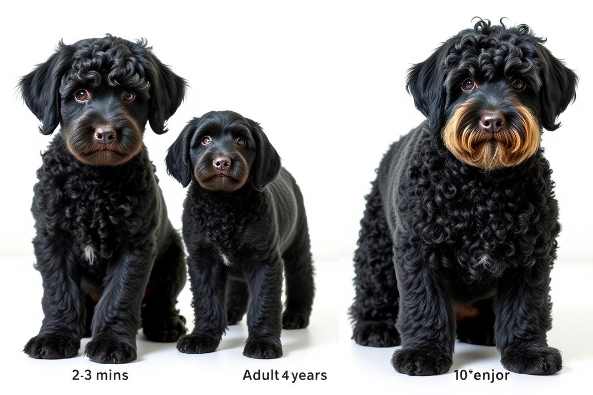 Portuguese Water Dog puppy, adult, and senior showing different life stages