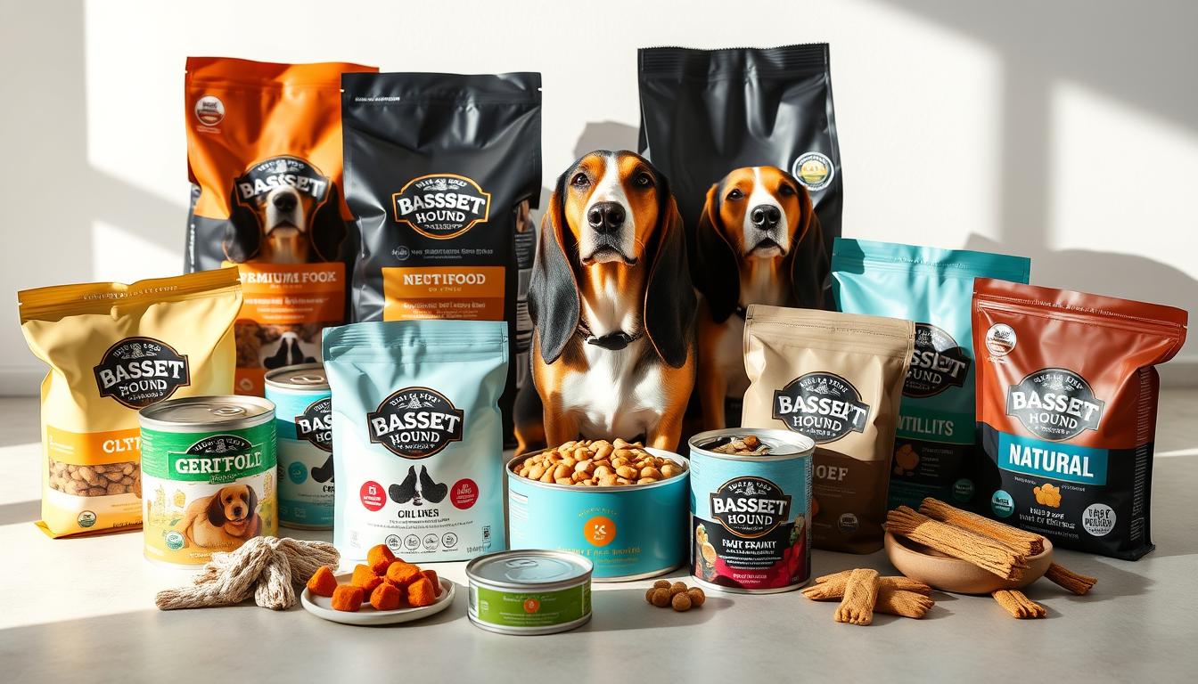 A well-lit studio shot of an arrangement of high-quality Basset Hound dog food options, including bags of premium dry kibble, cans of wet food, and natural treats. The products are displayed on a clean, neutral-colored surface, with natural-looking lighting from the side to create depth and shadows. The composition is balanced, with the items neatly arranged to showcase their textures, colors, and packaging designs. The overall mood is clean, professional, and appetizing, highlighting the care and attention given to Basset Hound nutrition.
