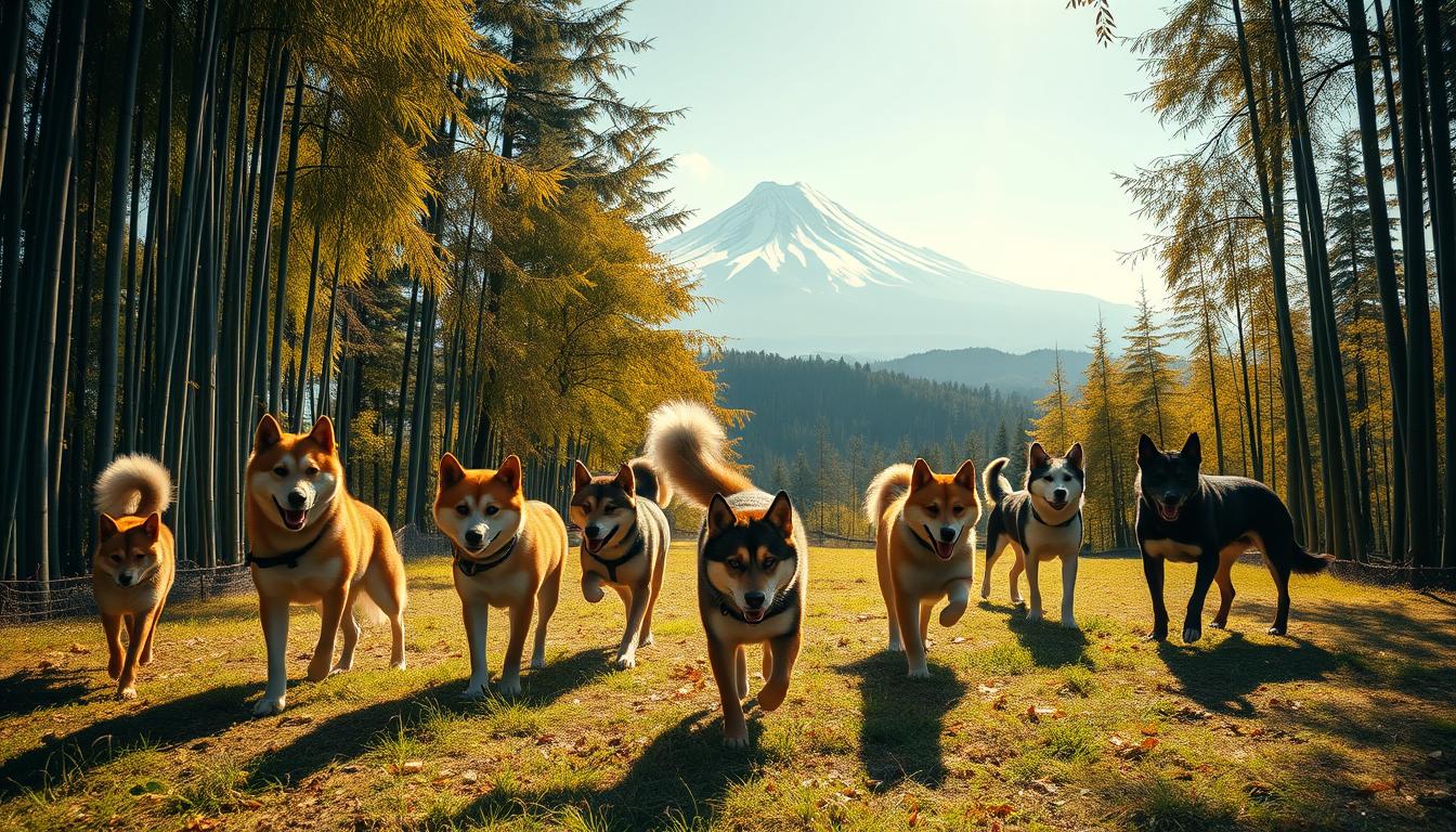 A sweeping panoramic view of a tranquil Japanese landscape, with snow-capped Mount Fuji in the distant background. In the foreground, a pack of ancient Japanese dog breeds, including the Akita, Shiba Inu, and Hokkaido, roam freely through a serene bamboo forest. The dogs are depicted in a range of natural poses, from playful and energetic to calm and observant, capturing the rich history and cultural significance of these iconic canines. The scene is bathed in warm, golden light, creating a sense of timelessness and reverence. A wide-angle lens and low perspective emphasize the grandeur of the setting, allowing the viewer to fully immerse themselves in the captivating world of Japanese dog breeds.