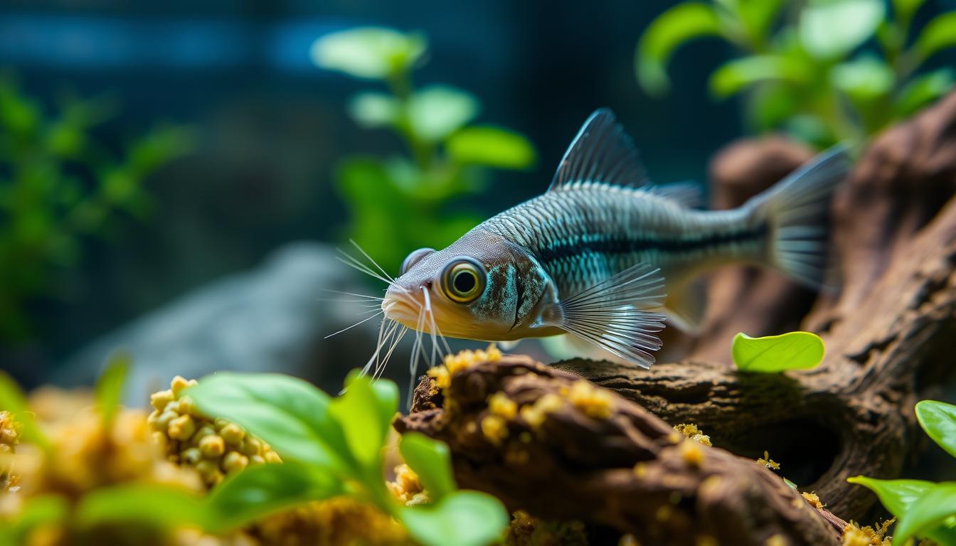 A close-up view of a Cory catfish enthusiastically feeding on a variety of freshwater aquarium plant matter, such as algae-covered driftwood and lush green leaves. The fish is shown in sharp focus, its whisker-like barbels gently probing the substrate as it forages for nutrition. The background is slightly blurred, creating a soft, naturalistic environment with hints of aquarium decor and dimmed lighting, conveying a serene, underwater ambiance. The image captures the Cory's instinctive feeding behavior in a visually captivating and educational manner.