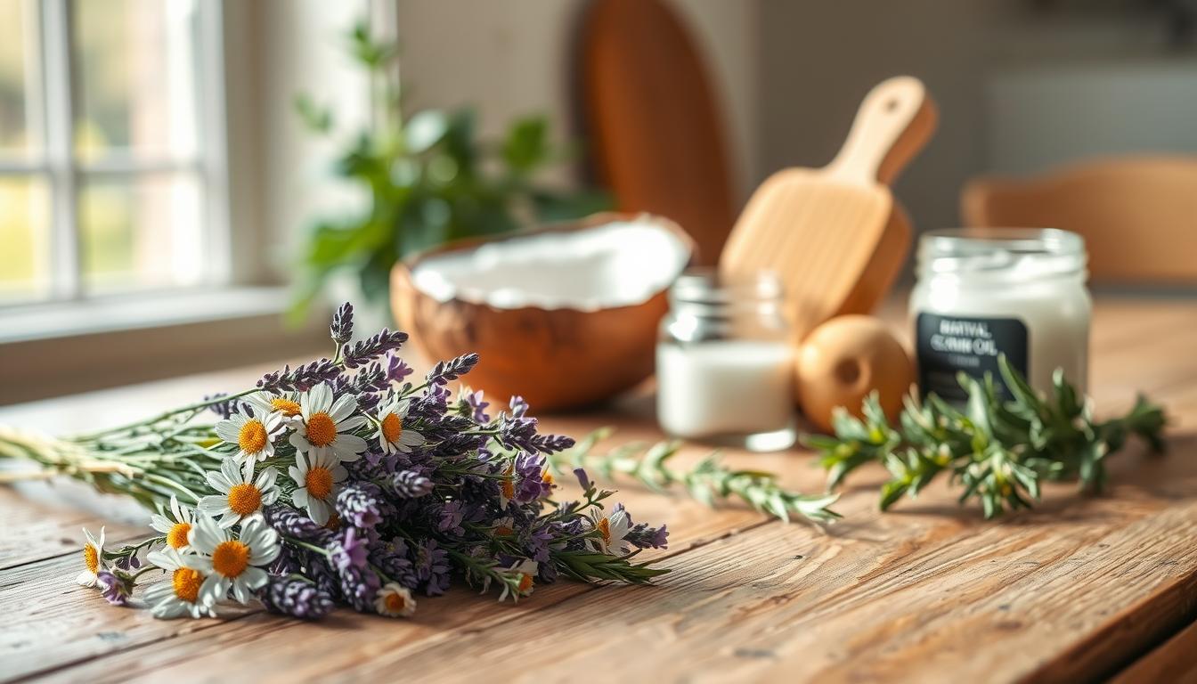 natural dog paw cleaning ingredients on a wooden table, illuminated by soft natural lighting from a window. In the foreground, a pile of fragrant herbs and flowers including chamomile, lavender, and rosemary. In the middle ground, a bowl of coconut oil, a natural scrub brush, and a small jar of baking soda. The background is blurred, highlighting the organic arrangement of natural elements. The overall mood is calming and earthy, evoking a sense of home remedies and wellness.