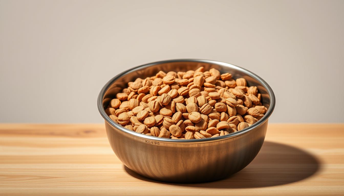 High-protein grain-free dog food in a stainless steel bowl, illuminated by warm studio lighting at a 45-degree angle. The kibble has a natural, earthy color palette with flecks of different protein sources visible. The bowl is placed on a clean, minimalist surface, possibly a wooden table or countertop, against a plain, neutral background that allows the food to be the focal point. The overall composition conveys a sense of quality, nutrition, and healthy living for a canine companion.
