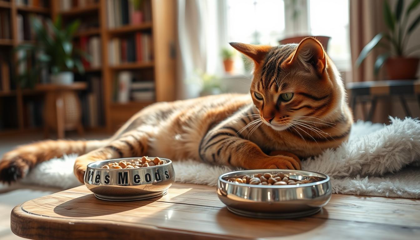 A finely-groomed Abyssinian cat lounging on a soft, plush rug in a cozy, sun-dappled room. Its lustrous, ticked coat glistens in the warm lighting, as it gently grooms its paws with a serene, concentrated expression. In the middle ground, a silver dish filled with premium cat food and a matching water bowl rest on a weathered wooden side table. In the background, bookshelves and potted plants create a soothing, domestic atmosphere, conveying the comforts of an Abyssinian's daily care routine.
