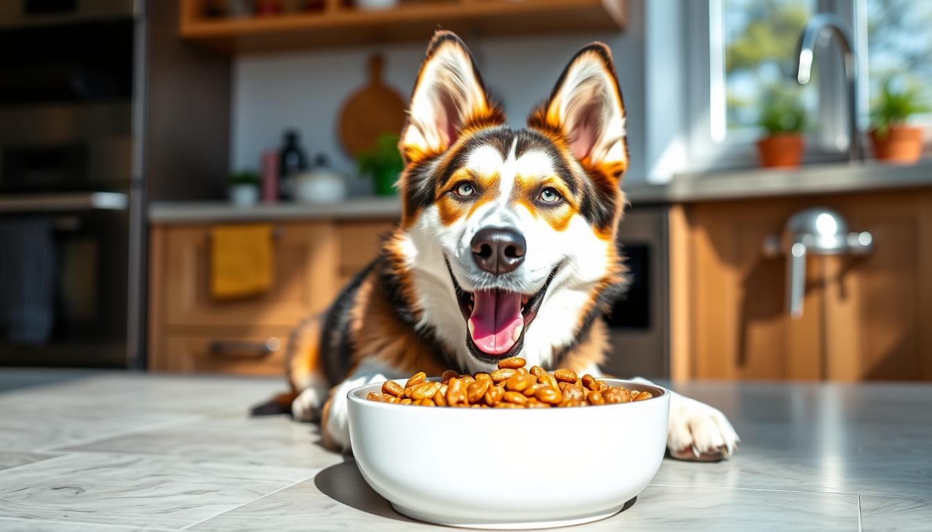 Image of a happy Shepsky eating fresh dog food