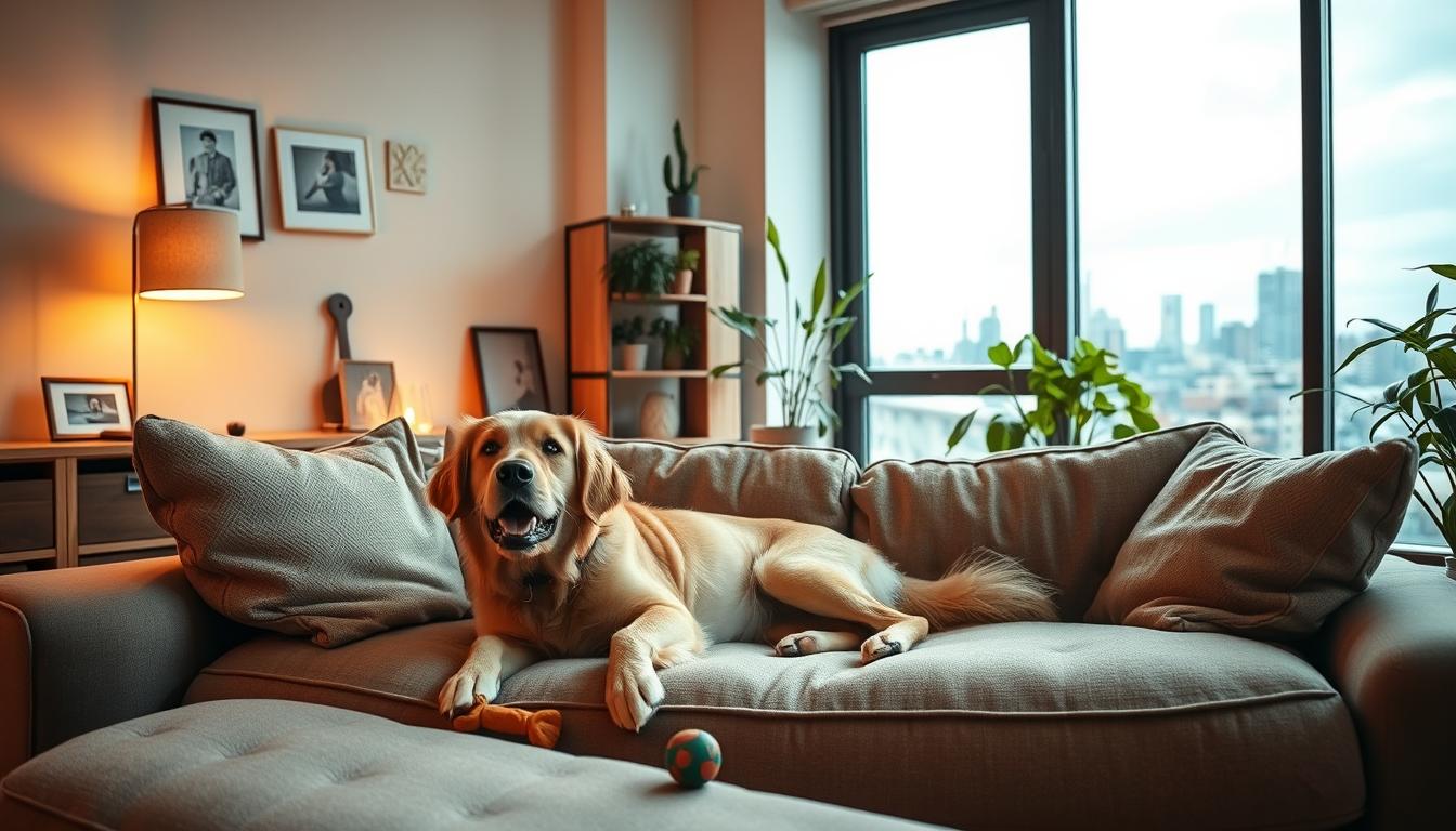 A cozy apartment living room with large windows and warm lighting. In the foreground, a playful golden retriever dog is lounging on a plush, dog-friendly sofa, surrounded by dog toys and chew treats. In the middle ground, a bookshelf holds pet-safe plants and framed photos. The background features a large window with a view of a cityscape, suggesting an urban setting. The scene conveys a sense of comfort, safety, and pet-friendly design, capturing the essence of apartment living with a furry companion.