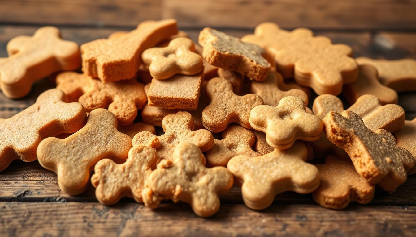 A beautifully arranged assortment of homemade dog treats, free from peanut butter, displayed on a rustic wooden surface. The treats are meticulously crafted, featuring a variety of shapes and textures, such as biscuits, bars, and bite-sized pieces, all in warm, natural hues. The lighting is soft and diffused, casting a gentle glow over the treats, emphasizing their freshness and appeal. The composition is balanced, with the treats occupying the foreground, while the background is blurred, creating a focus on the delectable snacks. The overall mood is one of wholesome, homemade goodness, perfect for an essential guide on peanut butter-free dog treat recipes.