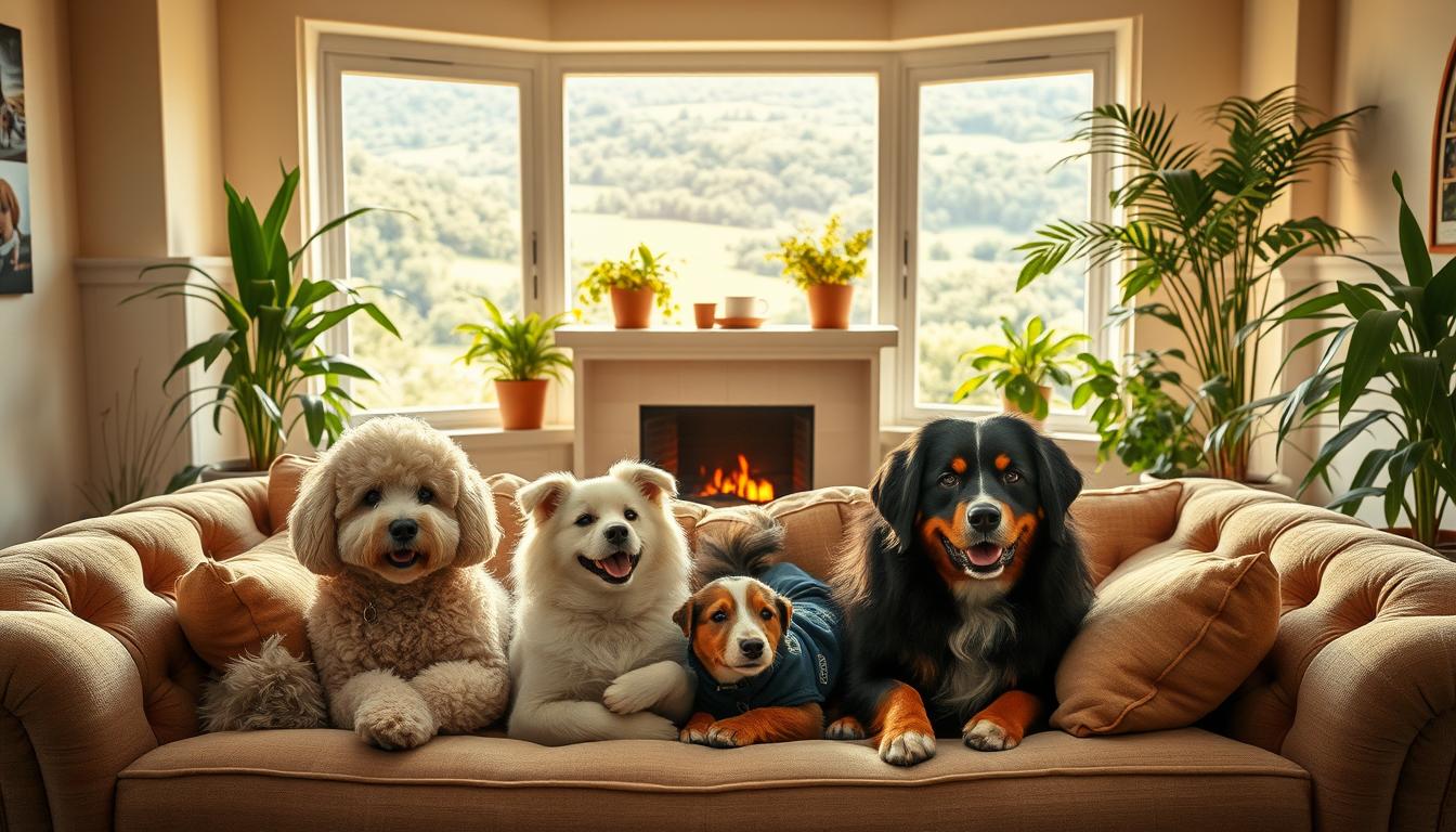 A cozy living room scene, bathed in warm, golden light from a large bay window. In the foreground, a family of fluffy, friendly dogs - a playful poodle, a soft Samoyed, and a cuddly Bernese mountain dog - lounging together on a plush, tufted sofa. The middle ground features a fireplace with a crackling fire, and lush, green potted plants framing the scene. The background showcases a lush, verdant landscape visible through the window, creating a serene, family-friendly atmosphere. The overall mood is one of comfort, warmth, and unconditional love.