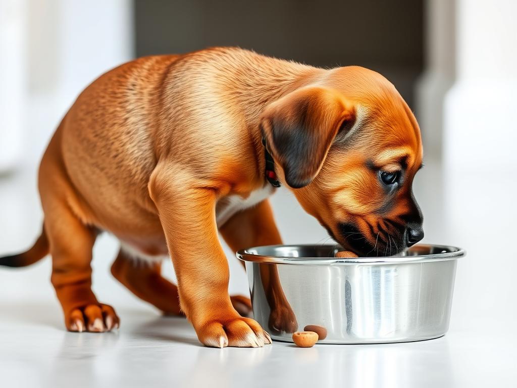 Rhodesian Ridgeback puppy eating from a bowl of puppy food