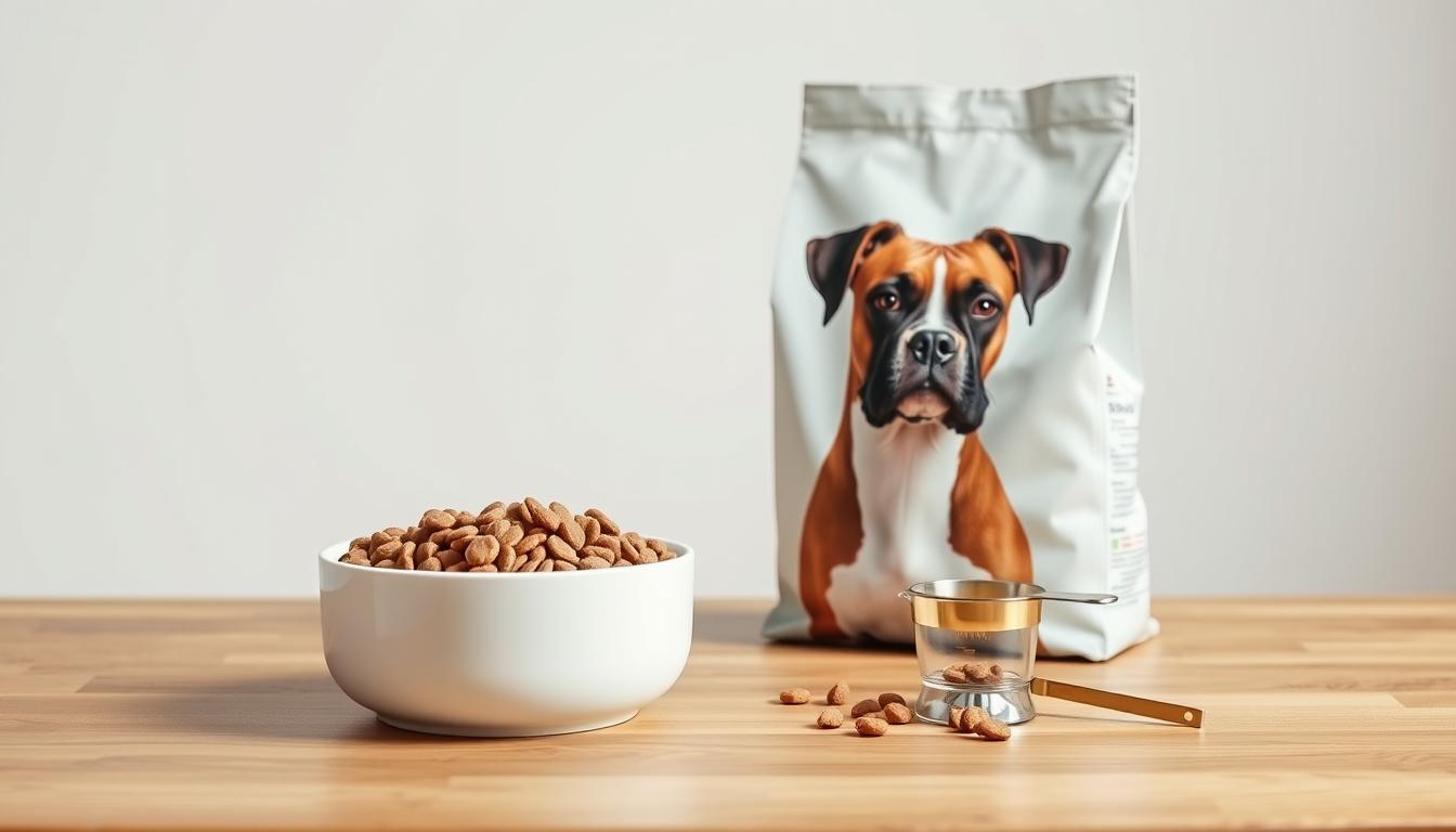 A well-lit, photographic still life of a dog food bowl, bag of dog food, and measuring cup, arranged on a clean, wooden table with a simple white background. The dog food bag prominently displays the Boxer breed on the packaging. The bowl is filled with high-quality kibble, and the measuring cup stands next to it, conveying a sense of portion control and a structured feeding regimen. The lighting is soft and natural, highlighting the textures and colors of the materials. The overall scene has a calm, informative, and educational atmosphere, suitable for illustrating a Boxer dog feeding guide.