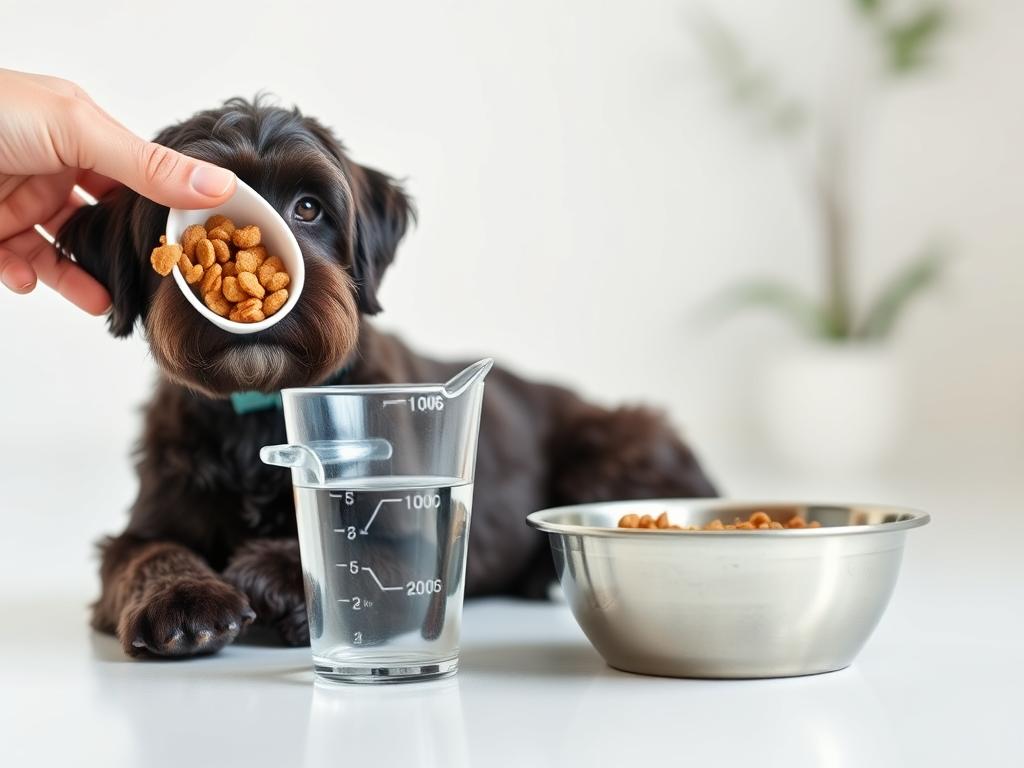 Portuguese Water Dog being fed with measured portions of food