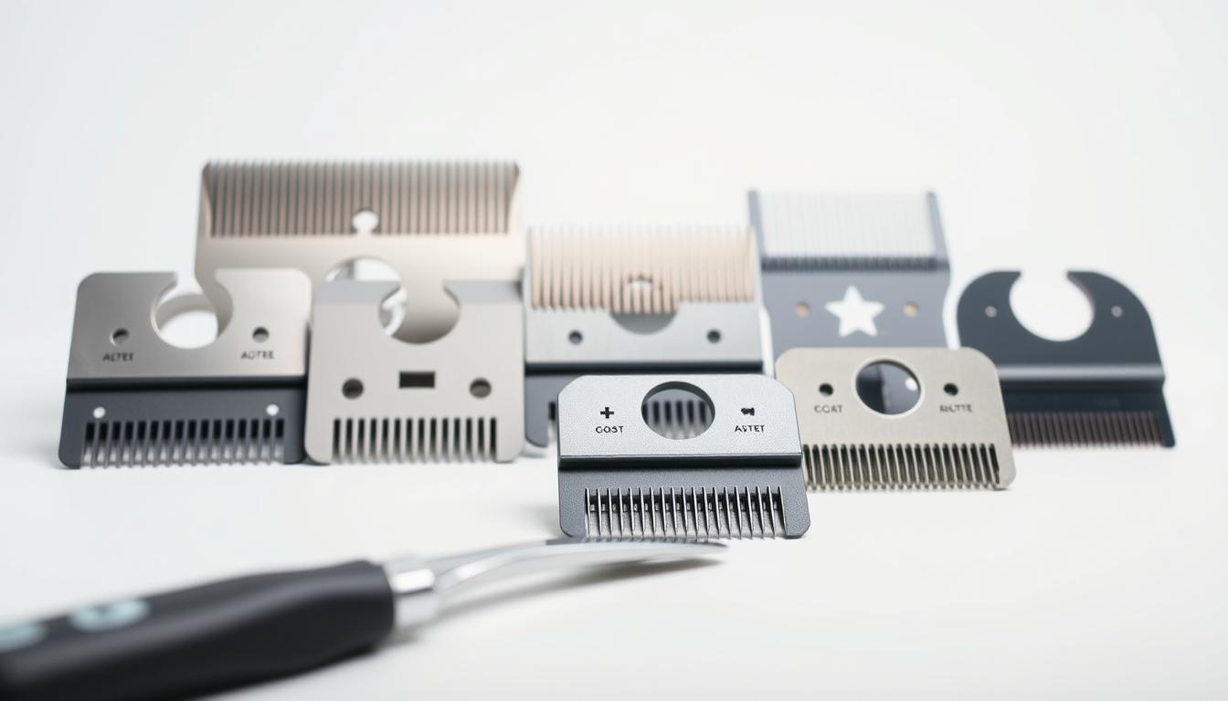 A well-lit studio setting showcasing a collection of dog grooming blades, each designed for specific breeds and coat types. The blades are arranged in the foreground, with a clean, white background to allow the tools to take center stage. The blades vary in size, shape, and teeth configuration, highlighting the importance of choosing the right blade for the dog's unique needs. Soft, directional lighting emphasizes the metallic sheen and intricate details of the blades, creating a sense of professionalism and expertise. The overall composition conveys a sense of authority and guidance, reflecting the expertise required to select the appropriate blade for a dog's grooming needs.