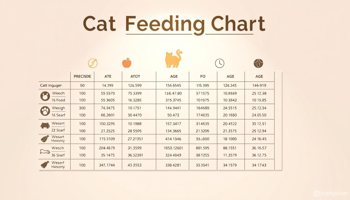 A detailed and meticulously designed infographic showcasing a comprehensive cat feeding chart, displaying precise caloric and portion recommendations based on the cat's weight and age. The chart is presented on a clean, minimalist background, utilizing a pastel color palette to convey a sense of clarity and approachability. The layout features distinct sections for different weight and age ranges, with easy-to-read icons and numerical data points. Soft, diffused lighting illuminates the chart, creating depth and highlighting the important information. The overall composition is balanced, with the chart taking center stage and complemented by subtle design elements that enhance the educational and informative nature of the image.