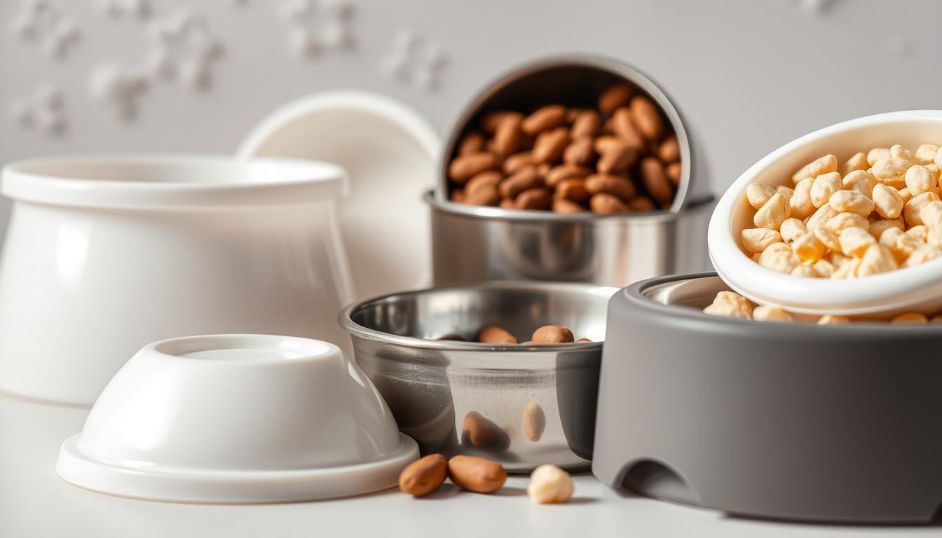A well-lit, high-quality close-up photograph of a variety of pet-safe materials, including smooth, durable plastic, food-grade stainless steel, and chew-resistant silicone, arranged in a visually appealing composition. The materials should be showcased against a clean, neutral background, with a focus on their quality, durability, and suitability for pet food storage and feeding. The lighting should highlight the textures and colors of the materials, creating a sense of sophistication and attention to detail. The overall mood should convey a sense of reliability, safety, and attention to the needs of pet owners.