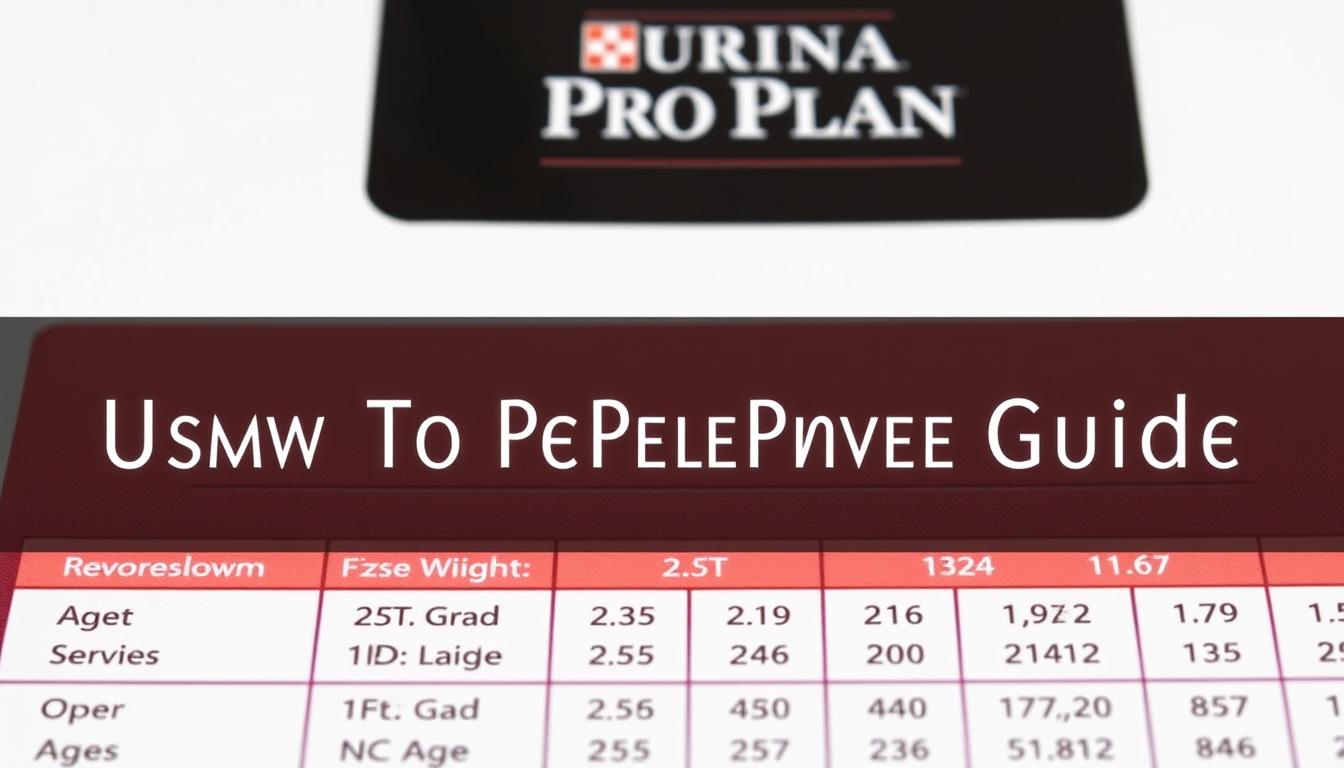 A well-lit, high-quality photograph of a close-up example of a Purina Pro Plan dog food feeding chart, displayed on a clean, neutral background. The chart should feature clear, detailed labeling indicating serving size recommendations based on dog weight and age. The chart is the central focus, with a natural, inviting composition that highlights the informative content in a visually appealing manner. The lighting is soft and even, with a subtle depth of field that keeps the chart in sharp focus. The overall mood is professional, informative, and visually engaging, suitable for inclusion in a guide on properly using a Purina Pro Plan dog food feeding chart.
