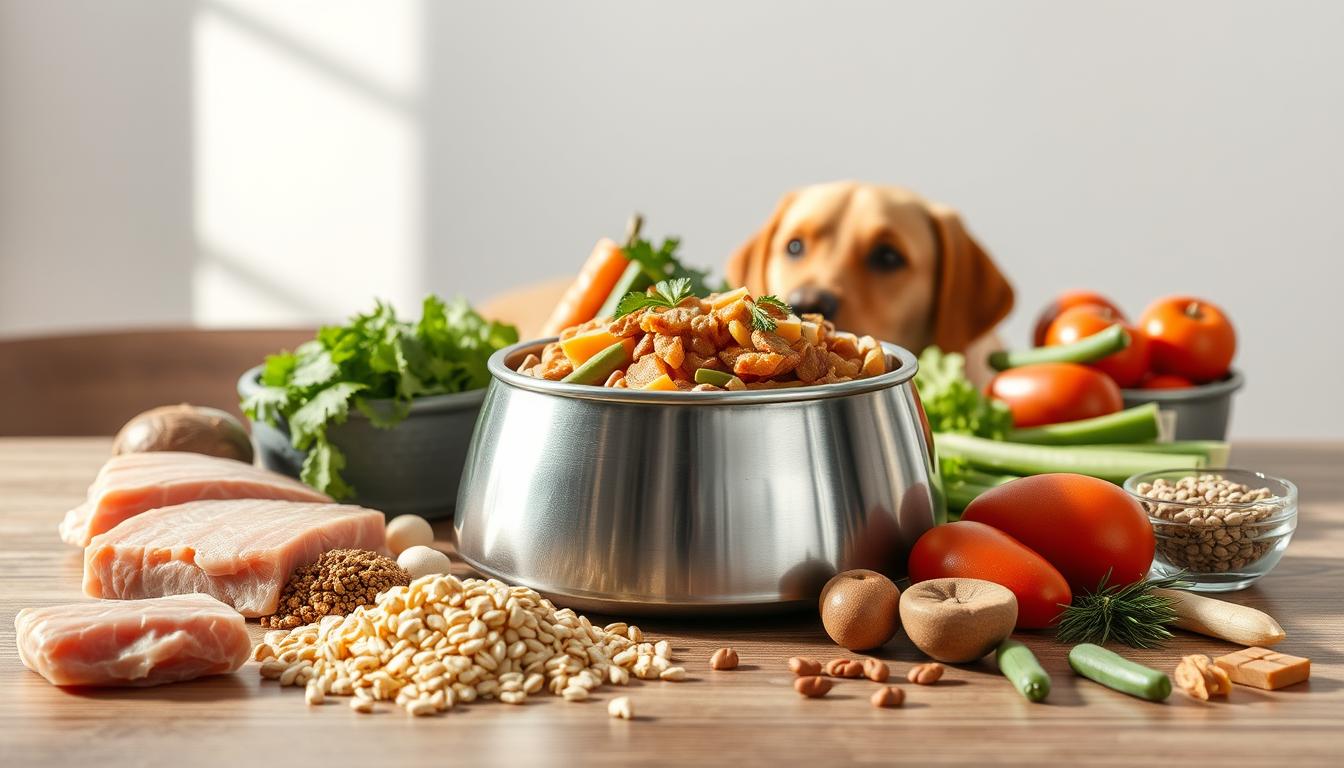 A meticulously arranged tabletop scene depicting a balanced canine nutrition concept. In the foreground, a variety of whole, unprocessed dog food ingredients are displayed, including lean protein sources, fresh vegetables, whole grains, and healthy fats. The middle ground features a stainless steel dog bowl filled with a visually appealing and nutritionally complete meal. Soft, natural lighting bathes the scene, creating a warm, inviting atmosphere. The background is minimalist, allowing the subject to take center stage. The overall composition is visually striking, conveying the importance of a well-rounded, species-appropriate diet for Labrador retrievers.