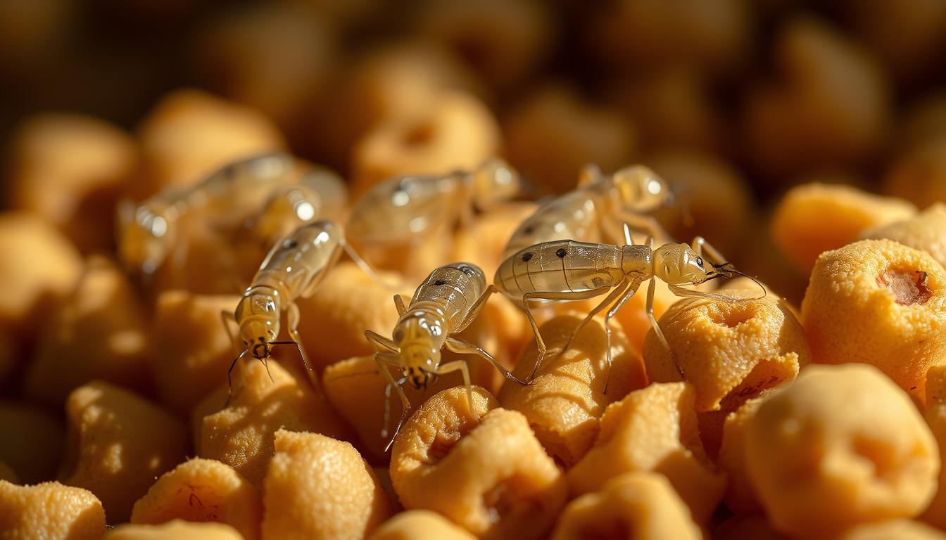 Highly detailed close-up view of several storage mites crawling on dry dog food pellets. The mites are magnified to reveal their translucent bodies, long legs, and beady black eyes. The dog food is illuminated from the side, casting dramatic shadows and highlighting the textural details of the pellets. The background is blurred and out of focus, keeping the viewer's attention on the intricate details of the mites. The overall mood is one of scientific curiosity and unease, drawing the viewer's attention to the microscopic pests that can infest pet food.