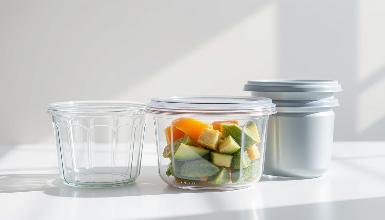A well-lit studio setting showcasing a side-by-side comparison of glass and plastic food storage containers. The glass containers have a sleek, transparent design with crisp edges, while the plastic ones have a more rounded, opaque appearance. The containers are arranged on a clean, white tabletop, allowing the materials and shapes to be clearly visible. Natural daylight floods the scene, casting subtle shadows and highlighting the differences in surface textures. The overall mood is one of simplicity and functionality, inviting the viewer to closely examine the practical and aesthetic qualities of these everyday kitchen items.