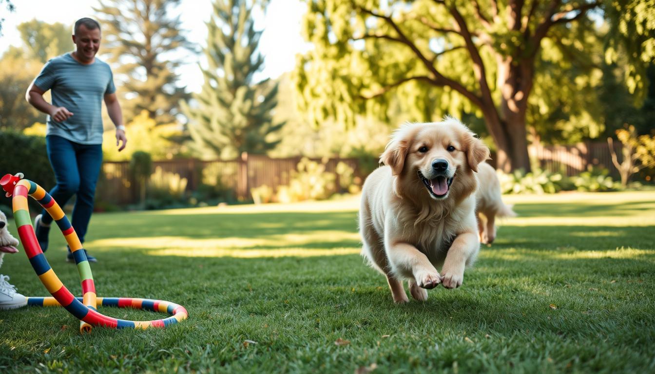 A fluffy golden retriever enthusiastically performs a series of playful exercises in a sun-dappled backyard. In the foreground, the dog leaps through a colorful hoop, its lush coat glowing with vitality. In the middle ground, the canine happily trots alongside its owner, who encourages the pet's energetic movements. The background features a lush, verdant landscape with towering trees, casting warm, natural lighting across the scene. The overall mood is one of joyful, healthy activity, showcasing the importance of regular exercise and enrichment for this beloved breed of fluffy, companion dog.