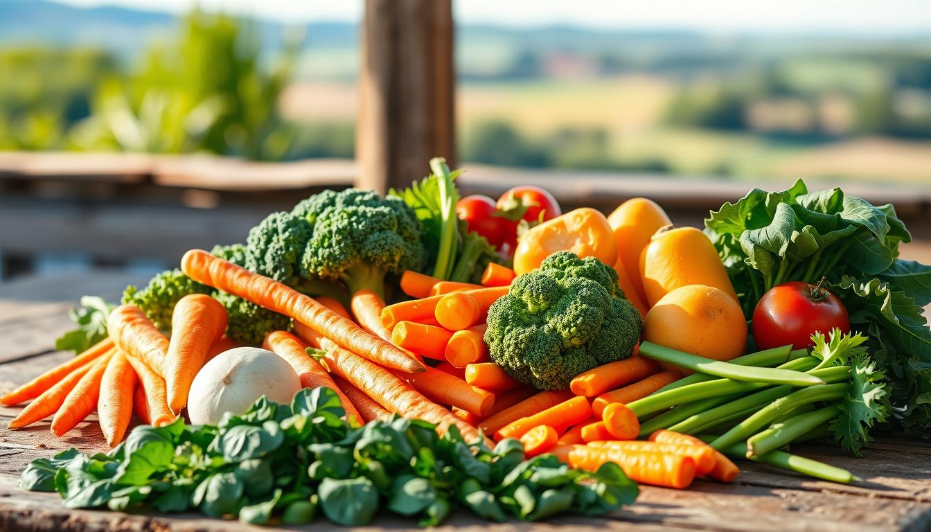 A vibrant assortment of fresh, colorful vegetables arranged in a rustic, natural setting. In the foreground, a variety of dog-safe produce such as carrots, broccoli, sweet potatoes, and green beans are neatly displayed on a wooden surface, illuminated by warm, natural lighting. The middle ground features a scattering of leafy greens, including spinach and kale, complementing the overall composition. In the background, a subtle blurred landscape suggests a peaceful, outdoor environment, emphasizing the wholesome, nutritious nature of the subject matter. The overall mood is one of health, vitality, and the safe, natural sustenance suitable for a canine companion.