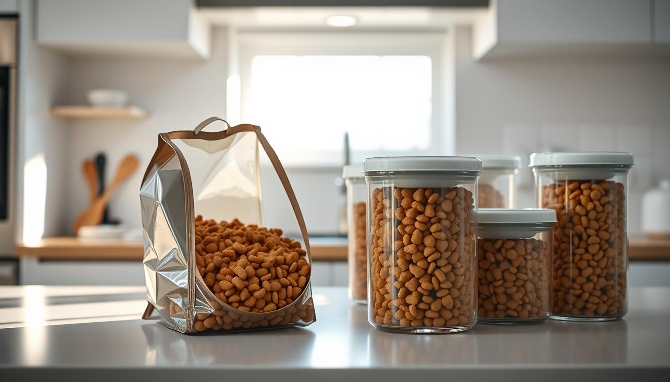 A well-lit kitchen countertop, showcasing an open bag of dog kibble and various food storage containers. Transparent, airtight canisters filled with the kibble are positioned alongside, their lids secured tightly. The background features a minimalist, clean aesthetic with subtle hints of natural light filtering in, creating a sense of freshness and preservation. The overall composition emphasizes the importance of proper storage techniques to maintain the nutritional value and freshness of the pet food.