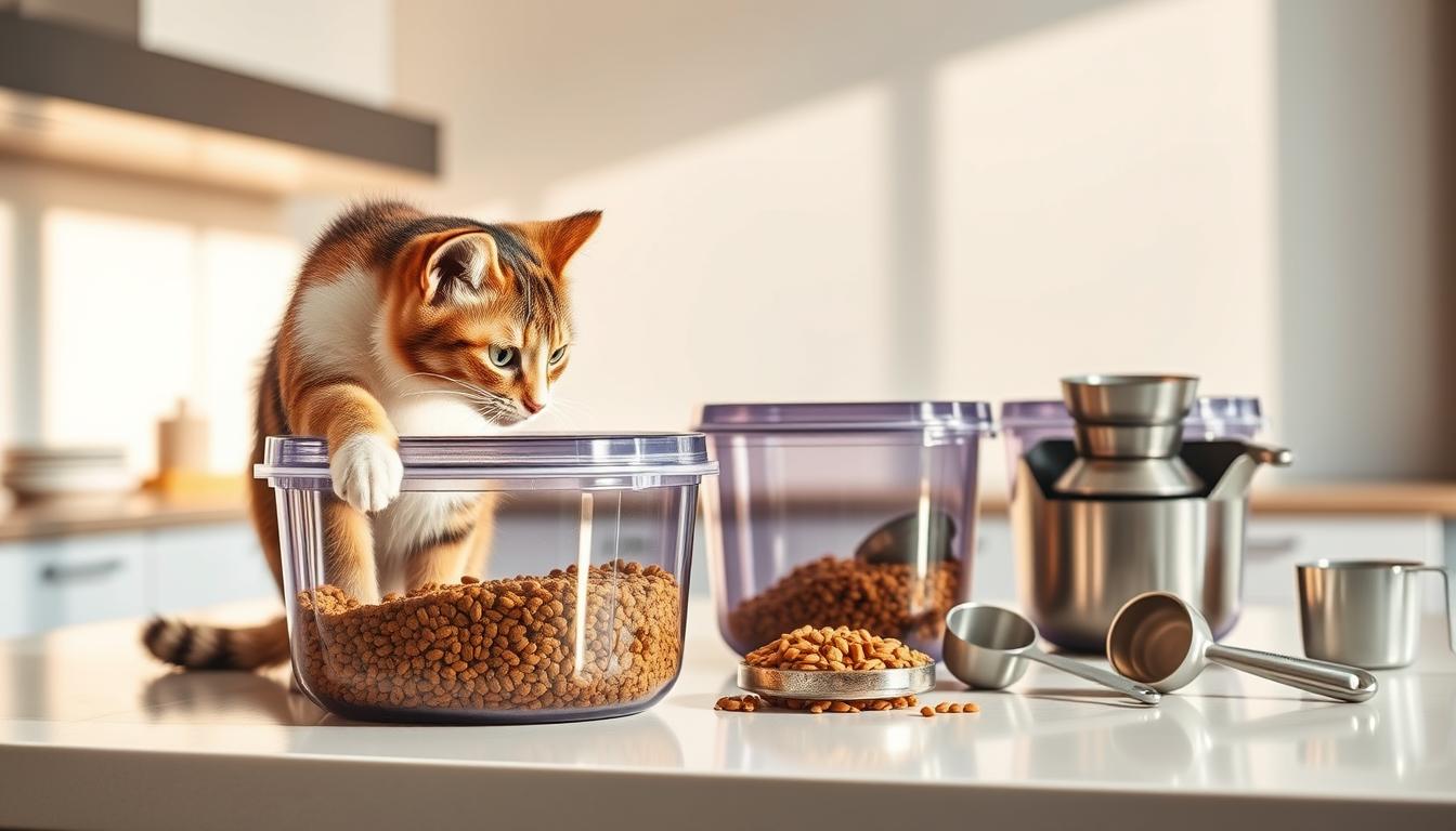 Sleek, translucent BPA-free pet food containers nestled on a modern kitchen counter, bathed in warm, natural lighting. The containers feature airtight lids and clear panels, allowing easy visibility of the contents. In the foreground, a calico cat examines one of the containers curiously, its paw resting gently on the lid. The middle ground showcases an array of measuring cups and scoops, hinting at the precise portioning capabilities. The background features a minimalist, clean-lined kitchen interior, creating a serene, inviting atmosphere for storing and accessing premium pet food.