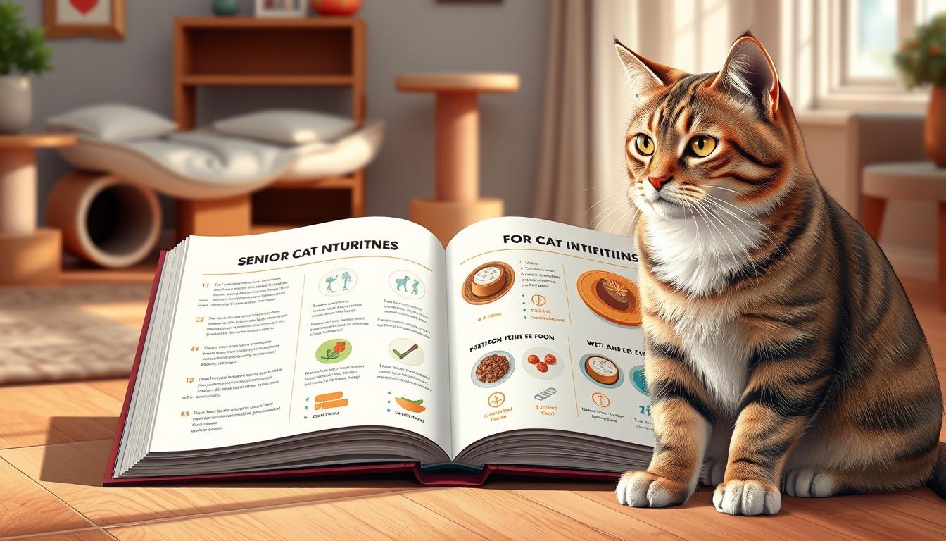 A high-resolution, detailed digital illustration of a senior cat nutrition guide. The foreground features a close-up of an elderly tabby cat sitting attentively, their fur soft and luminous. In the middle ground, an open book with glossy pages displays infographics and text about optimal feeding regimens for senior felines, including nutrient-rich wet and dry food, portion sizes, and feeding schedules. The background depicts a cozy domestic setting, with plush cat beds, scratching posts, and natural light filtering through a window, creating a warm and inviting atmosphere. The composition is balanced, the lighting is soft and natural, and the overall mood is informative yet comforting, reflecting the needs of aging cats.