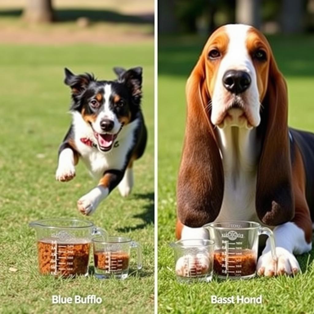 Active dog running alongside a less active dog with different portion sizes