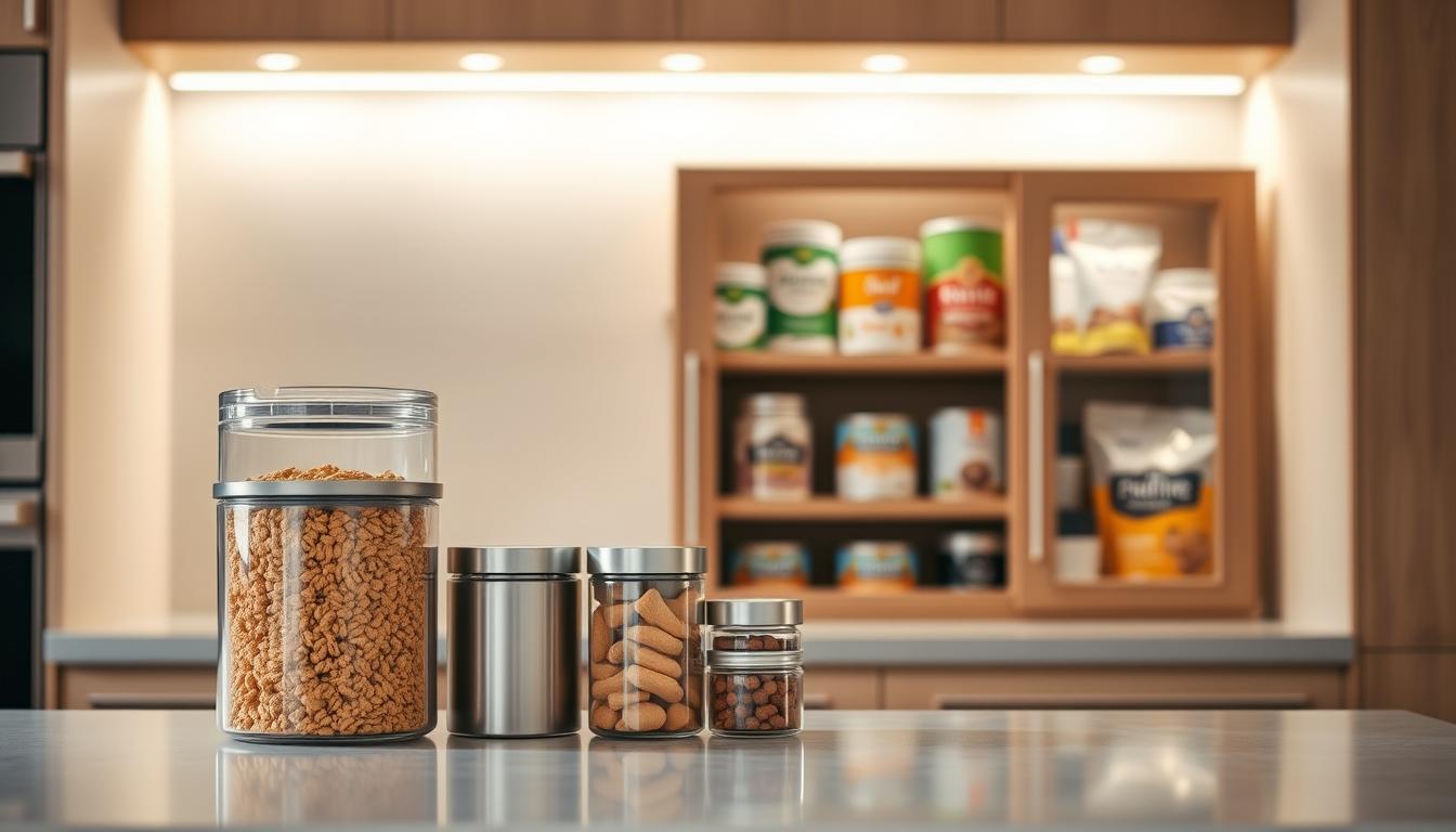 A well-lit kitchen countertop displays an assortment of pet food storage solutions. In the foreground, a sleek, stainless steel airtight container with a clear lid stands, showcasing the freshness of the kibble inside. Beside it, a set of color-coded storage jars hold various types of treats and supplements. In the middle ground, a stylish wooden cabinet with glass panels reveals neatly organized cans and pouches of wet food, ensuring easy access and visibility. The background features a neutral-toned backsplash, accentuating the modern, functional design of the storage solutions. Soft, diffused lighting creates a warm, inviting atmosphere, highlighting the importance of keeping pet food fresh and accessible.