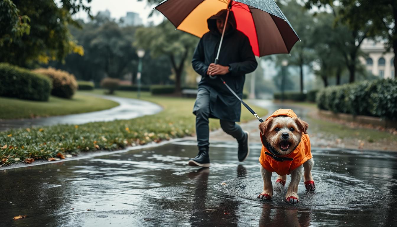 A rainy day park scene, with a person walking their dog under a colorful umbrella. In the foreground, the dog wearing a raincoat and booties, happily splashing through puddles. The person, bundled up in a hooded raincoat, holds an open umbrella in one hand and the dog's leash in the other. In the middle ground, a path winding through lush greenery, with trees and bushes glistening with raindrops. The background features a blurred view of city buildings, adding a sense of urban setting. The lighting is soft and diffused, creating a moody, atmospheric feel. The camera angle is slightly low, capturing the scene from the dog's perspective, making the viewer feel immersed in the rainy day adventure.