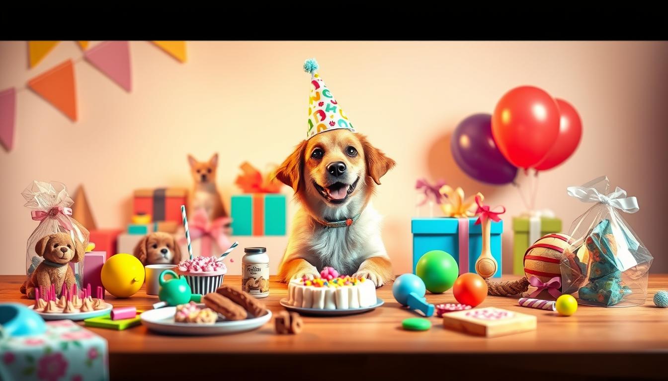 Prompt A whimsical timeline illustration of a dog's birthday party preparations, captured in a vibrant, playful style. In the foreground, colorful party decorations and treats arranged on a wooden surface, with a variety of dog toys and accessories. In the middle ground, a well-groomed, smiling dog wearing a festive party hat, surrounded by gift boxes and balloons. The background features a soft, pastel-toned backdrop, evoking a cozy, intimate atmosphere. The lighting is warm and inviting, casting a gentle glow over the scene. The composition is balanced and visually engaging, with a sense of movement and anticipation, capturing the excitement of planning the perfect dog birthday celebration.