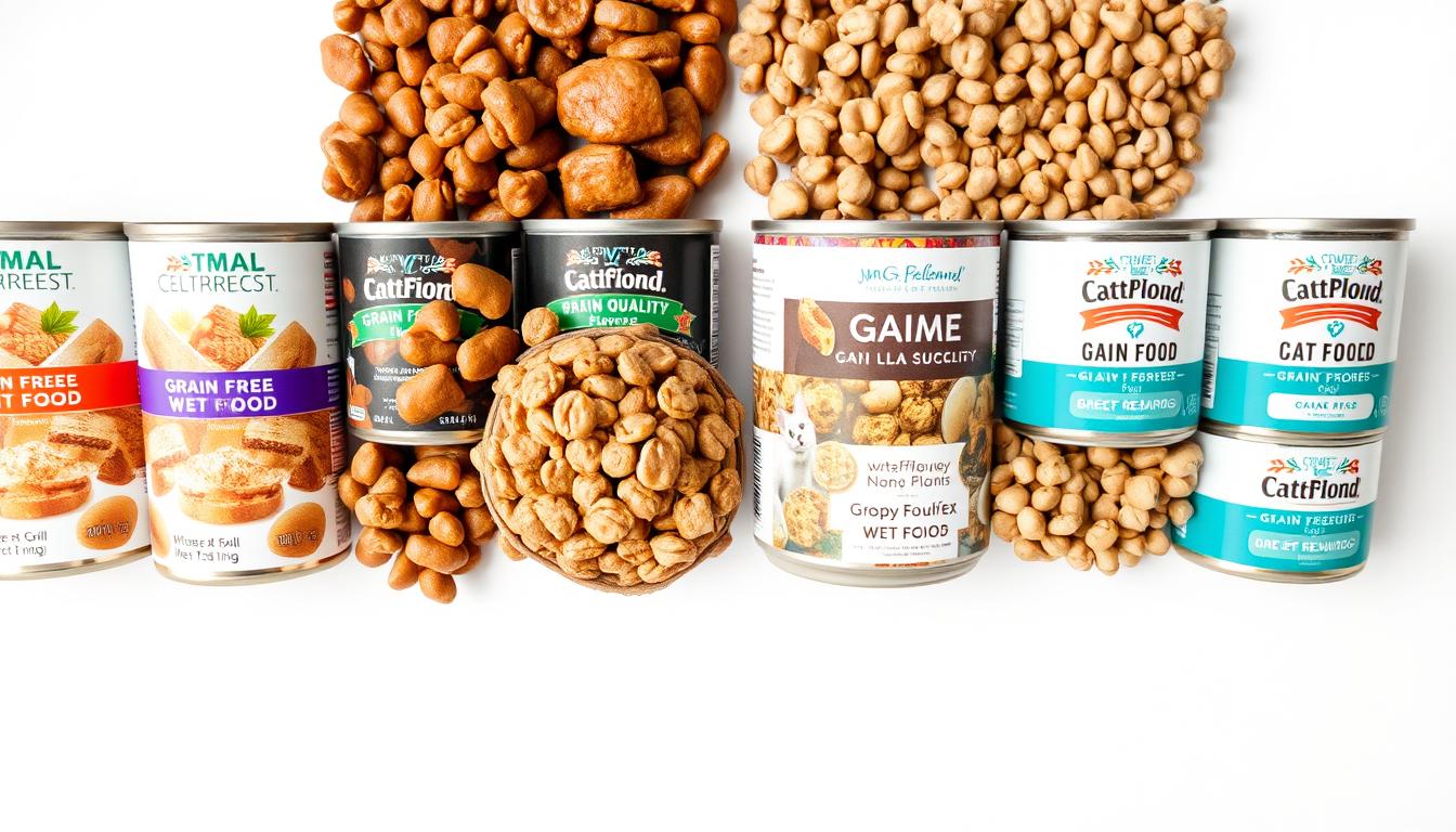 A studio-lit close-up of two rows of canned cat food on a white background. The left row features grain-free wet food in a variety of flavors, with vibrant, high-quality textures and colors. The right row showcases grain-inclusive wet food options, presented in a more muted, subdued palette. The lighting is soft and even, highlighting the differences in appearance and consistency between the two types of cat food. The composition is balanced, with the two rows occupying equal visual space and creating a clear visual contrast between the grain-free and grain-inclusive options.