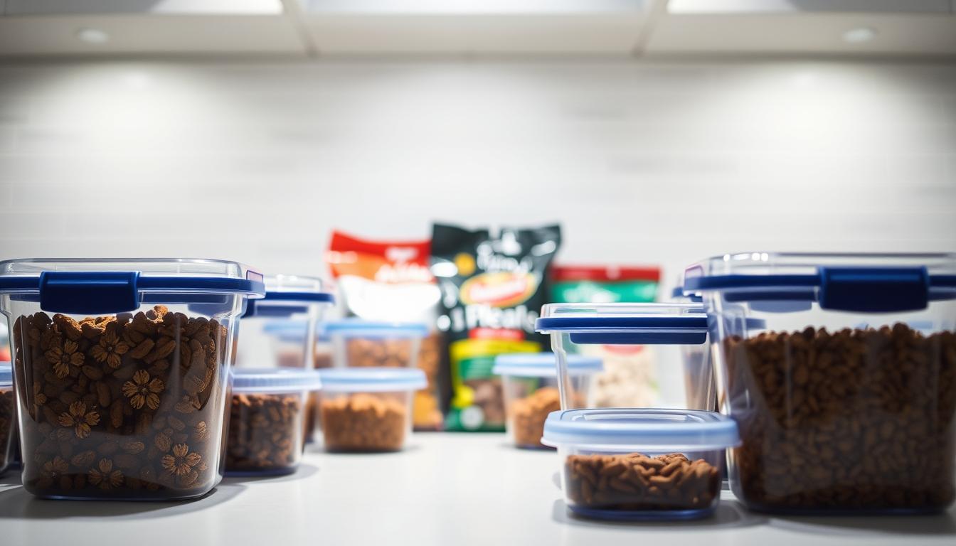 A well-lit kitchen counter with an array of transparent pet food storage containers in the foreground. The containers are neatly arranged, showcasing their airtight lids and clear bodies that allow the contents to be visible. In the middle ground, there are various dry and wet pet food packages, suggesting the diversity of options available for keeping pet meals fresh. The background features a minimalist, white-tiled wall, creating a clean and modern atmosphere that emphasizes the importance of maintaining food quality. The lighting is soft and diffused, casting gentle shadows that accentuate the textures and shapes of the containers and packages.
