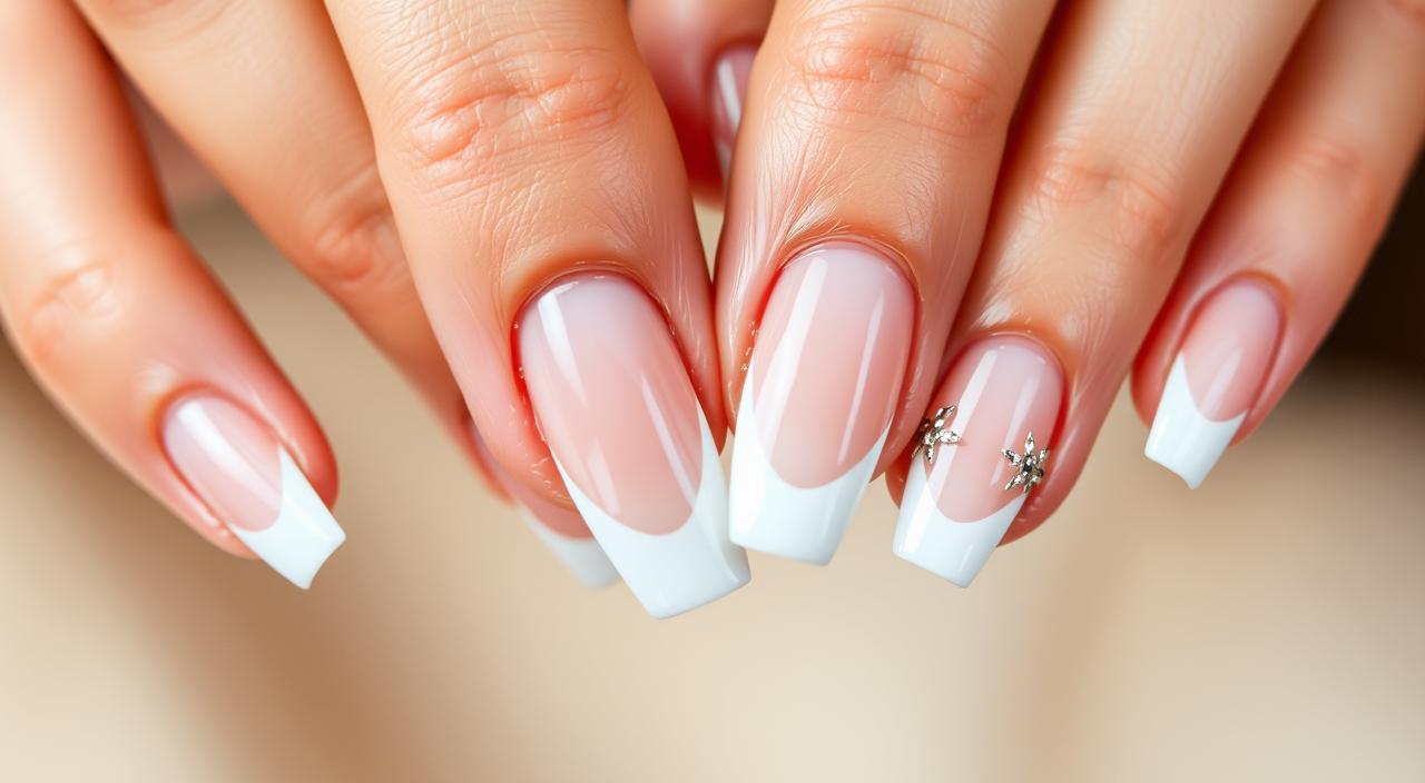 A close-up view of elegant French manicure nail designs, featuring a refined and timeless aesthetic. The nails are pristinely shaped, with a clean, crisp white tip contrasting against a soft, natural-looking base. Subtle details, such as delicate patterns or shimmering accents, add a modern touch while maintaining the classic French manicure style. The lighting is soft and diffused, creating a warm, inviting atmosphere that showcases the intricate, well-groomed nails in a flattering manner. The composition focuses on the hands, framed in a way that highlights the graceful lines and meticulous attention to detail of the manicure.