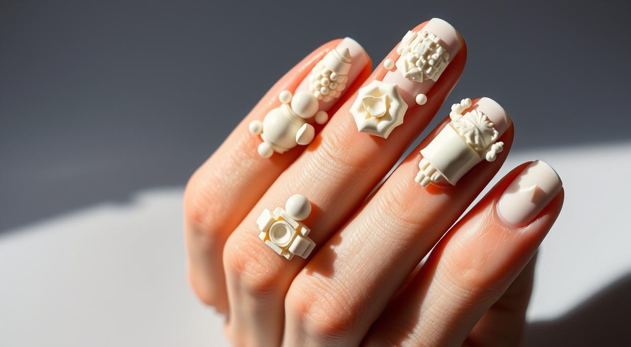 3D nail embellishments on a close-up, detailed view of a manicured hand. An array of intricate, sculpted nail art features textured, raised elements in varying shapes and sizes - spheres, pyramids, cubes, and organic forms. The nails are painted in a soft, milky white tone, allowing the 3D elements to take center stage. Dramatic studio lighting casts dramatic shadows, highlighting the depth and dimension of the nail art. The hand is captured at a slight angle, providing an up-close perspective that invites the viewer to examine the meticulous craftsmanship. A clean, minimalist background keeps the focus solely on the mesmerizing 3D nail embellishments.
